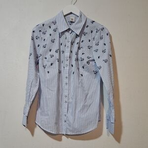 CAbi Blue Striped Button Down Shirt with Floral Design